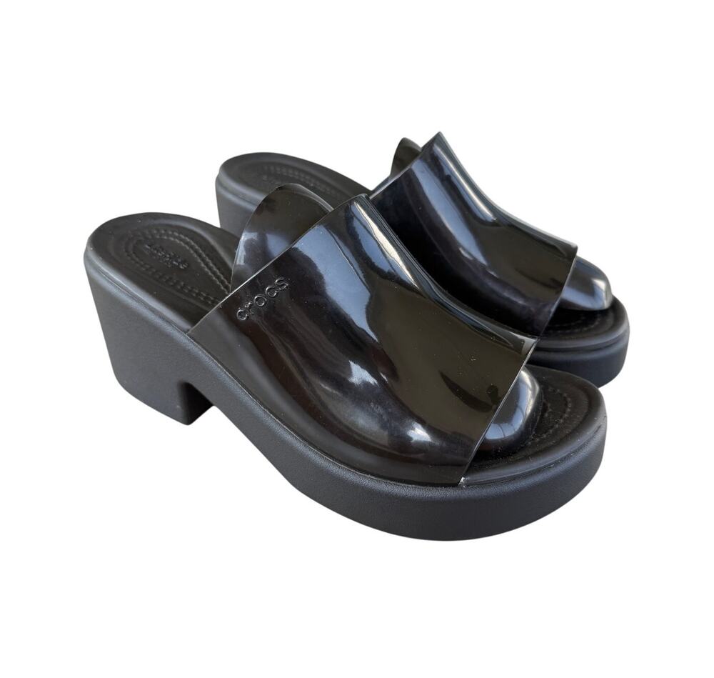 CROCS Brooklyn Chunky Heel Shiny Black Slides Women's Sz 8 EUC